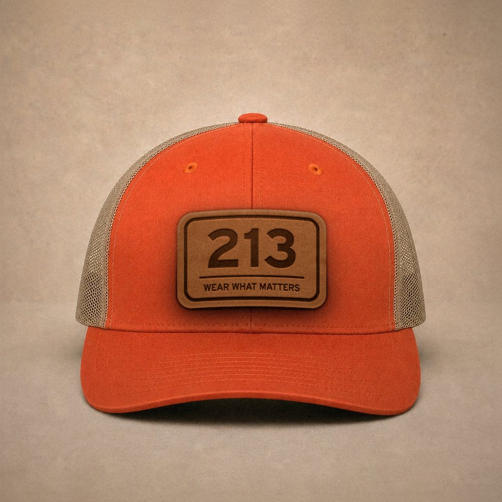 Orange Los Angeles hats — Los Angeles 213 Leather Patch Trucker Hat