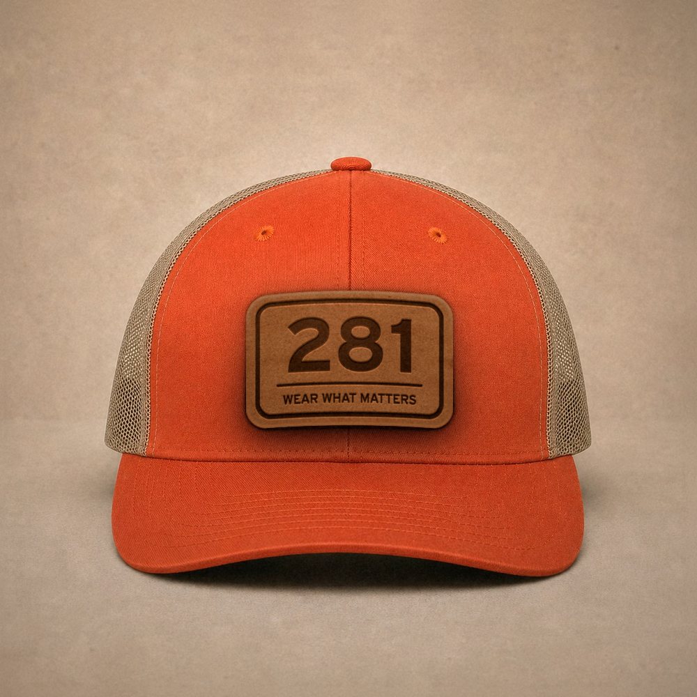 Orange Houston hats — Houston 281 Leather Patch Trucker Hat