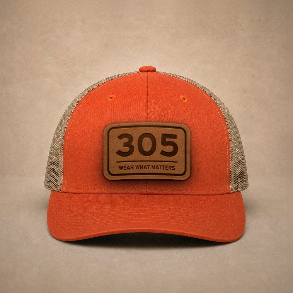 Orange Miami hats — Miami 305 Leather Patch Trucker Hat