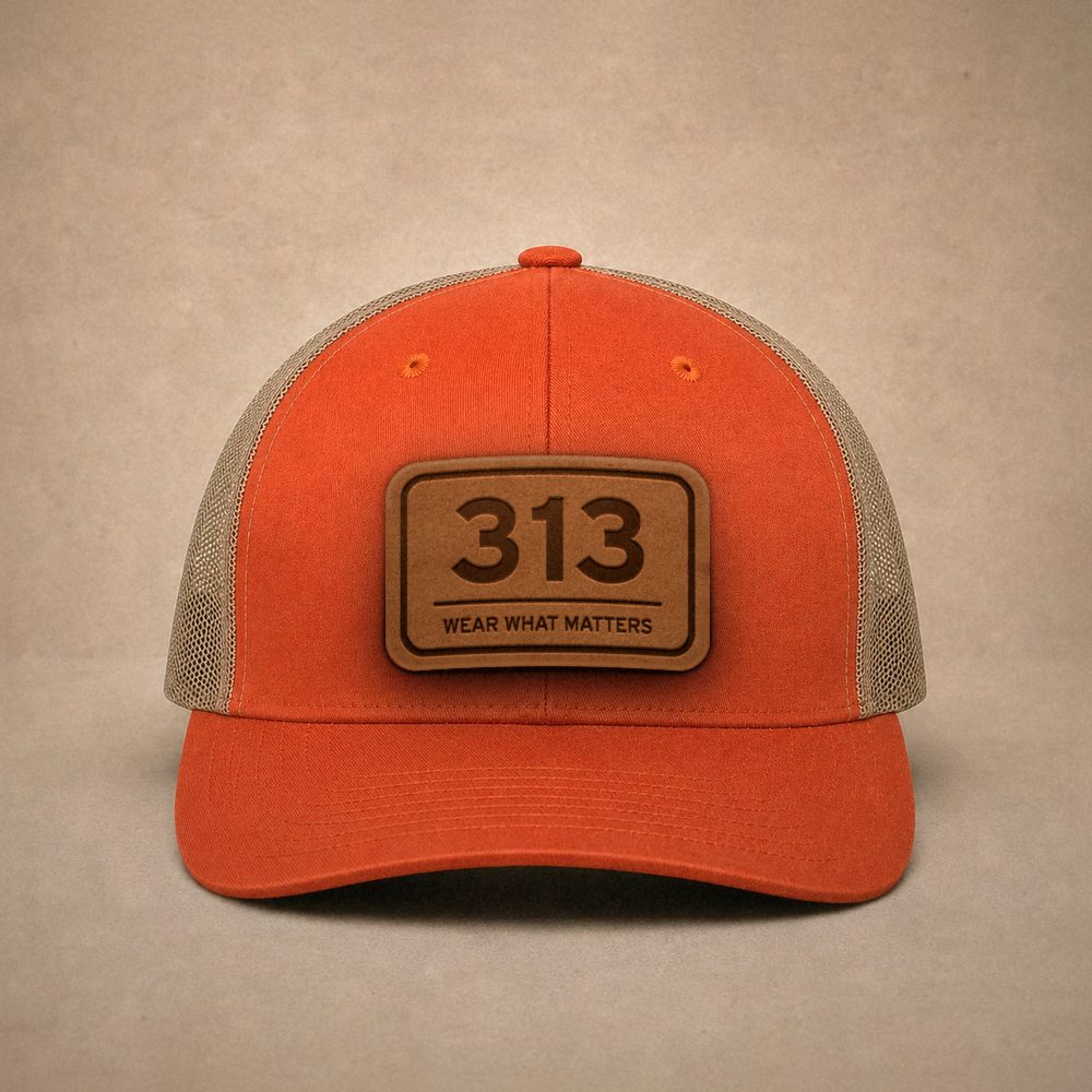 Orange Detroit hats — Detroit 313 Leather Patch Trucker Hat