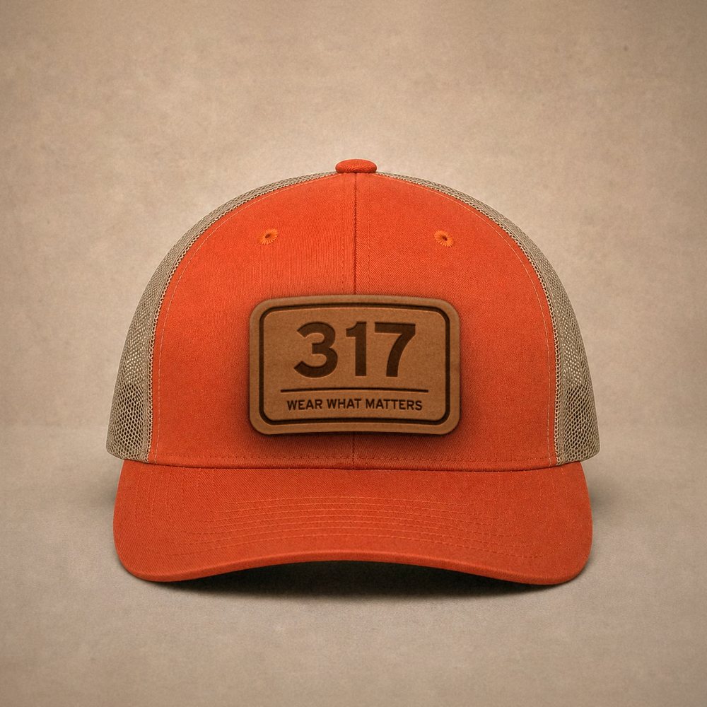 Orange Indianapolis hats — Indianapolis 317 Leather Patch Trucker Hat