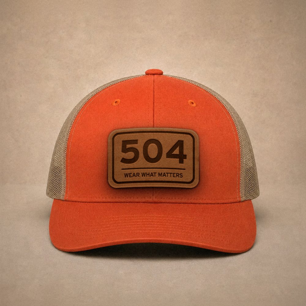 Orange New Orleans hats — New Orleans 504 Leather Patch Trucker Hat