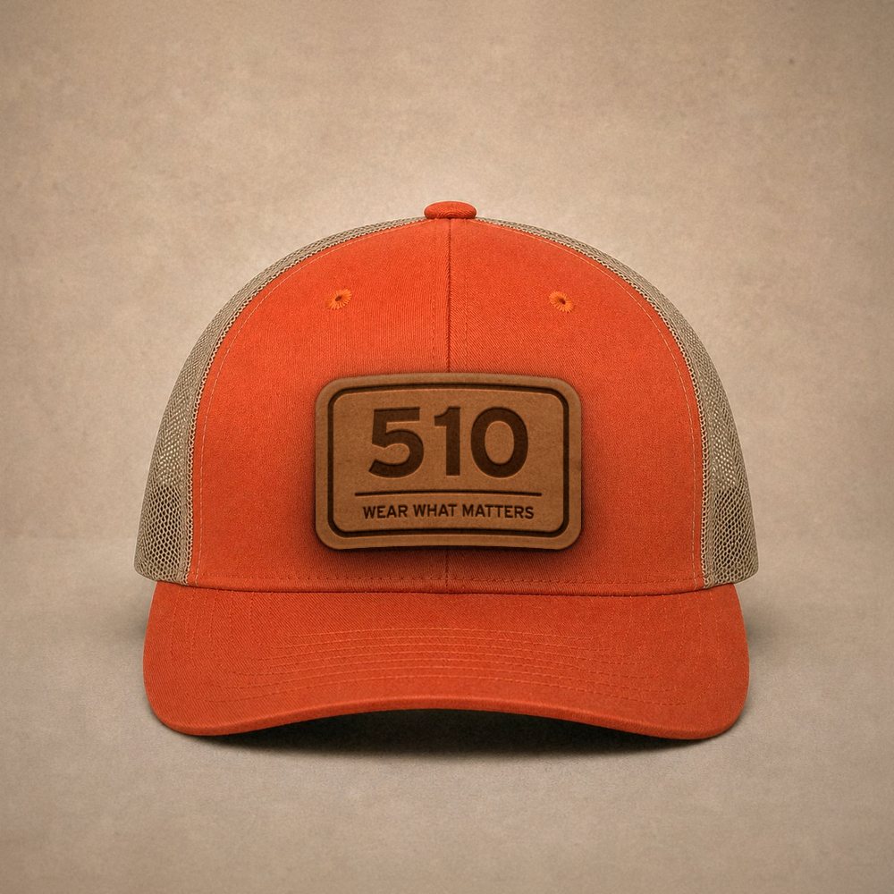 Orange Oakland hats — Oakland 510 Leather Patch Trucker Hat