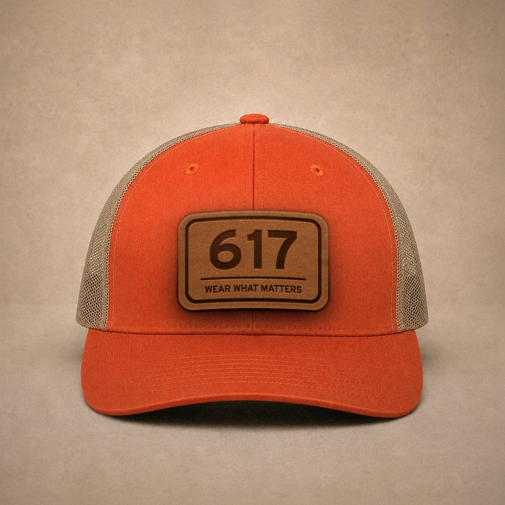 Orange Boston hats — Boston 617 Leather Patch Trucker Hat