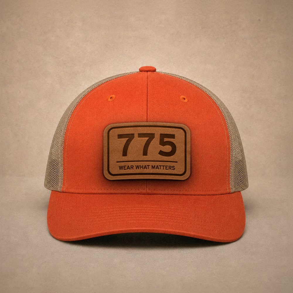 Orange Reno hats — Reno 775 Leather Patch Trucker Hat