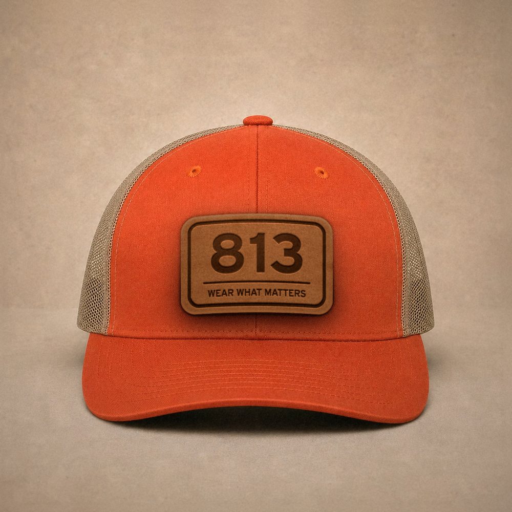 Orange Tampa hats — Tampa 813 Leather Patch Trucker Hat