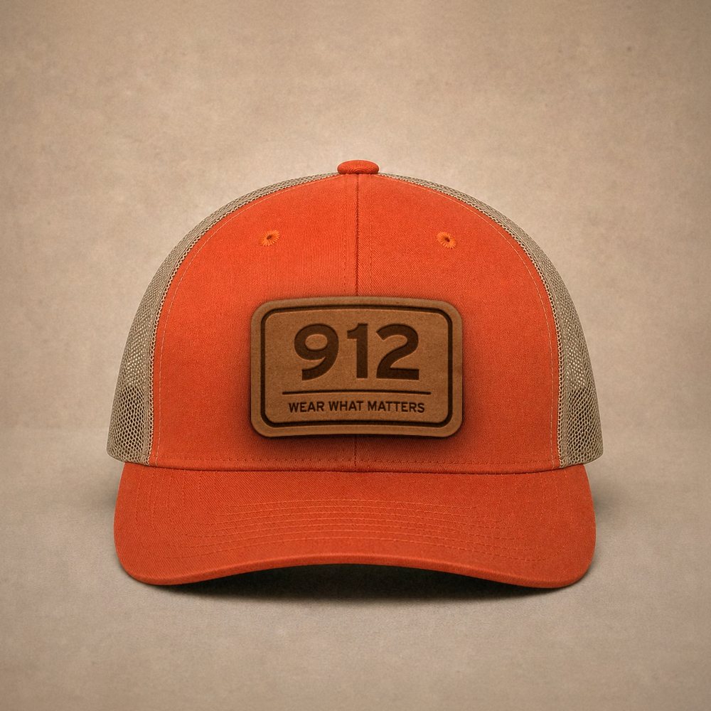 Orange Savannah hats — Savannah 912 Leather Patch Trucker Hat