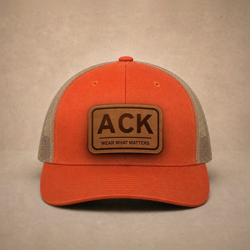 Orange Nantucket hats — Nantucket ACK Leather Patch Trucker Hat