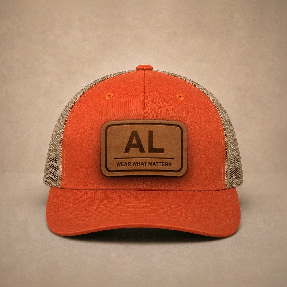 Orange Alabama hats — Alabama AL Leather Patch Trucker Hat