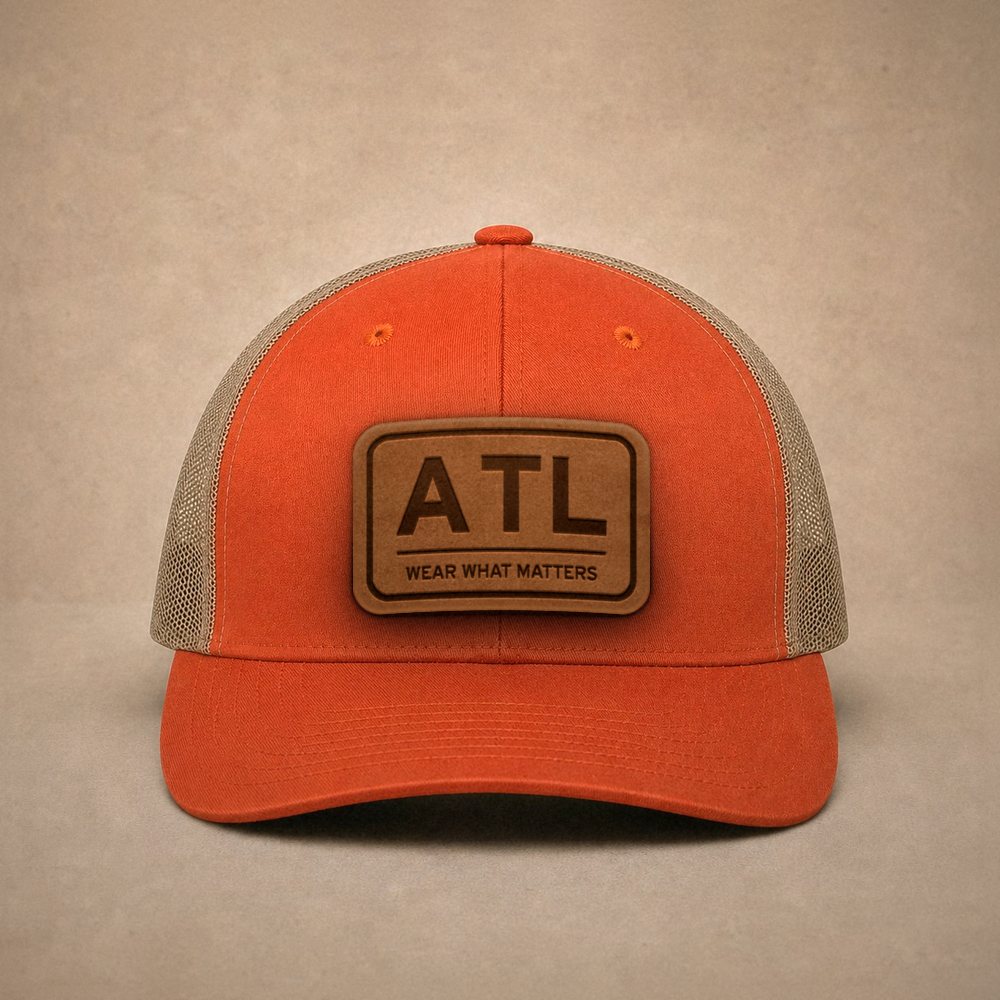 Orange Atlanta hats — Atlanta ATL Leather Patch Trucker Hat