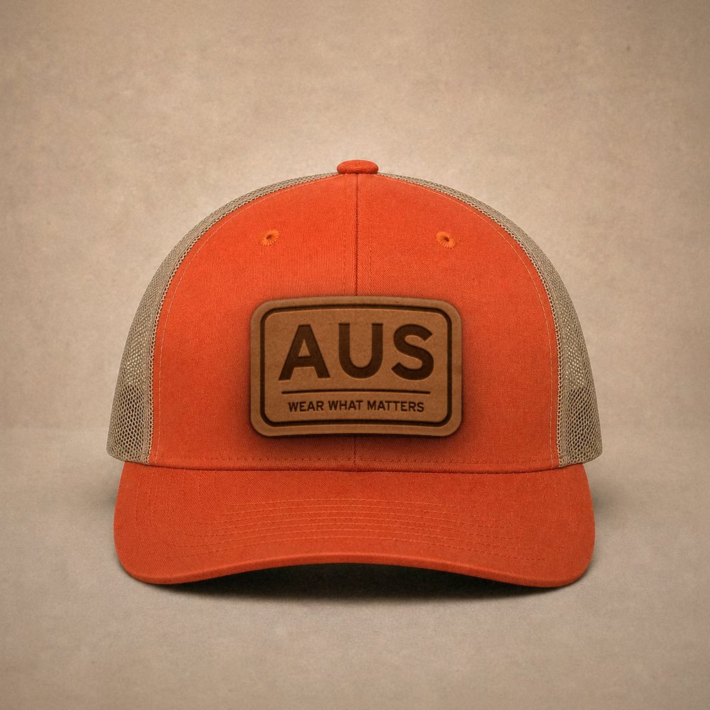 Orange Austin hats — Austin AUS Leather Patch Trucker Hat