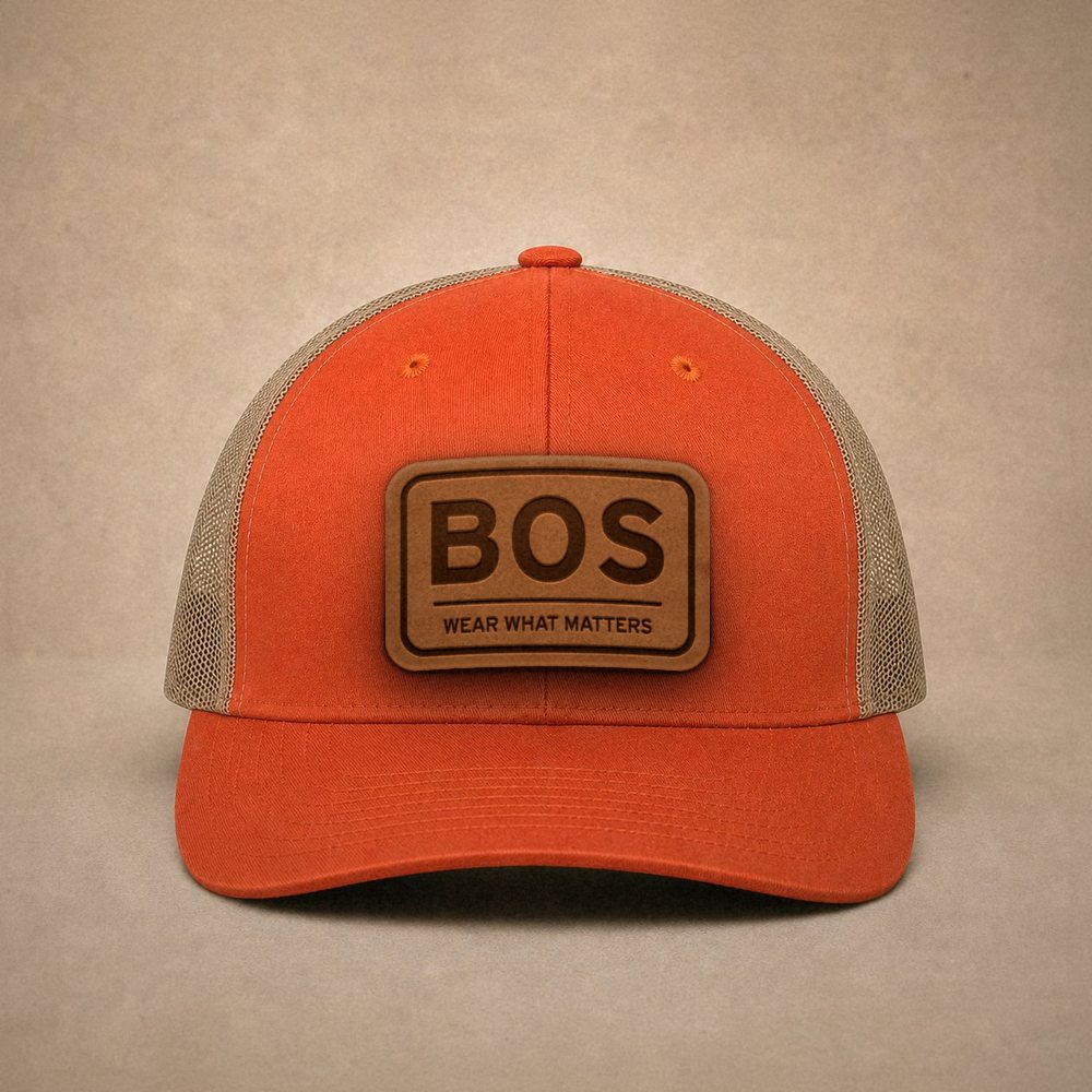 Orange Boston hats — Boston BOS Leather Patch Trucker Hat