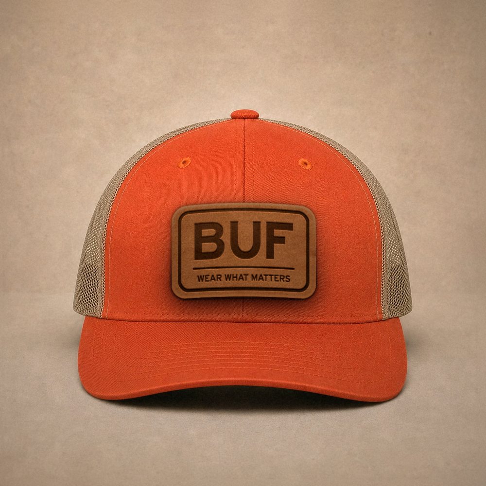 Orange Buffalo hats — Buffalo BUF Leather Patch Trucker Hat
