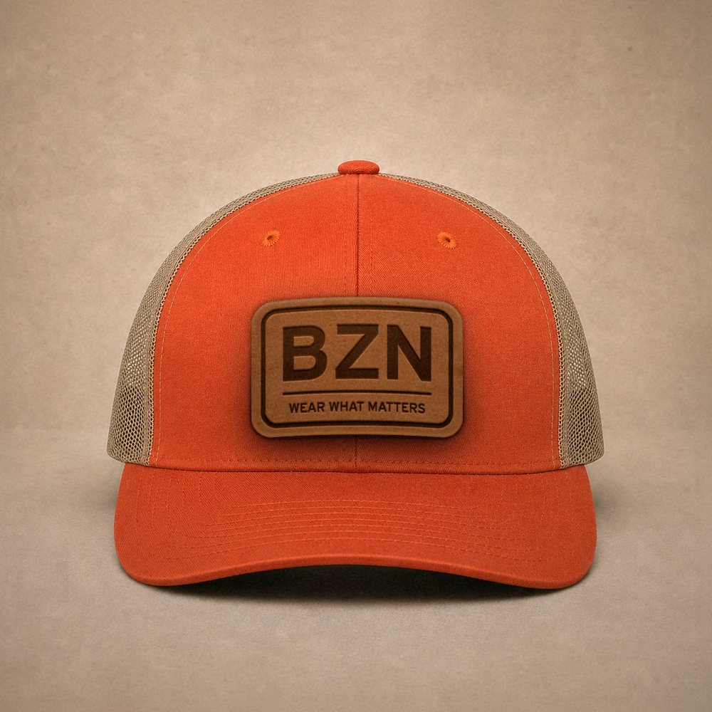 Orange Bozeman hats — Bozeman BZN Leather Patch Trucker Hat