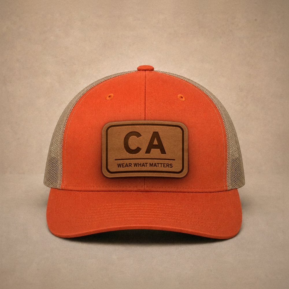 Orange California hats — California CA Leather Patch Trucker Hat