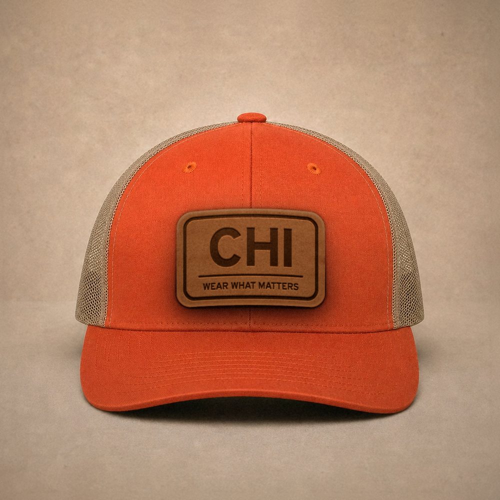Orange Chicago hats — Chicago CHI Leather Patch Trucker Hat