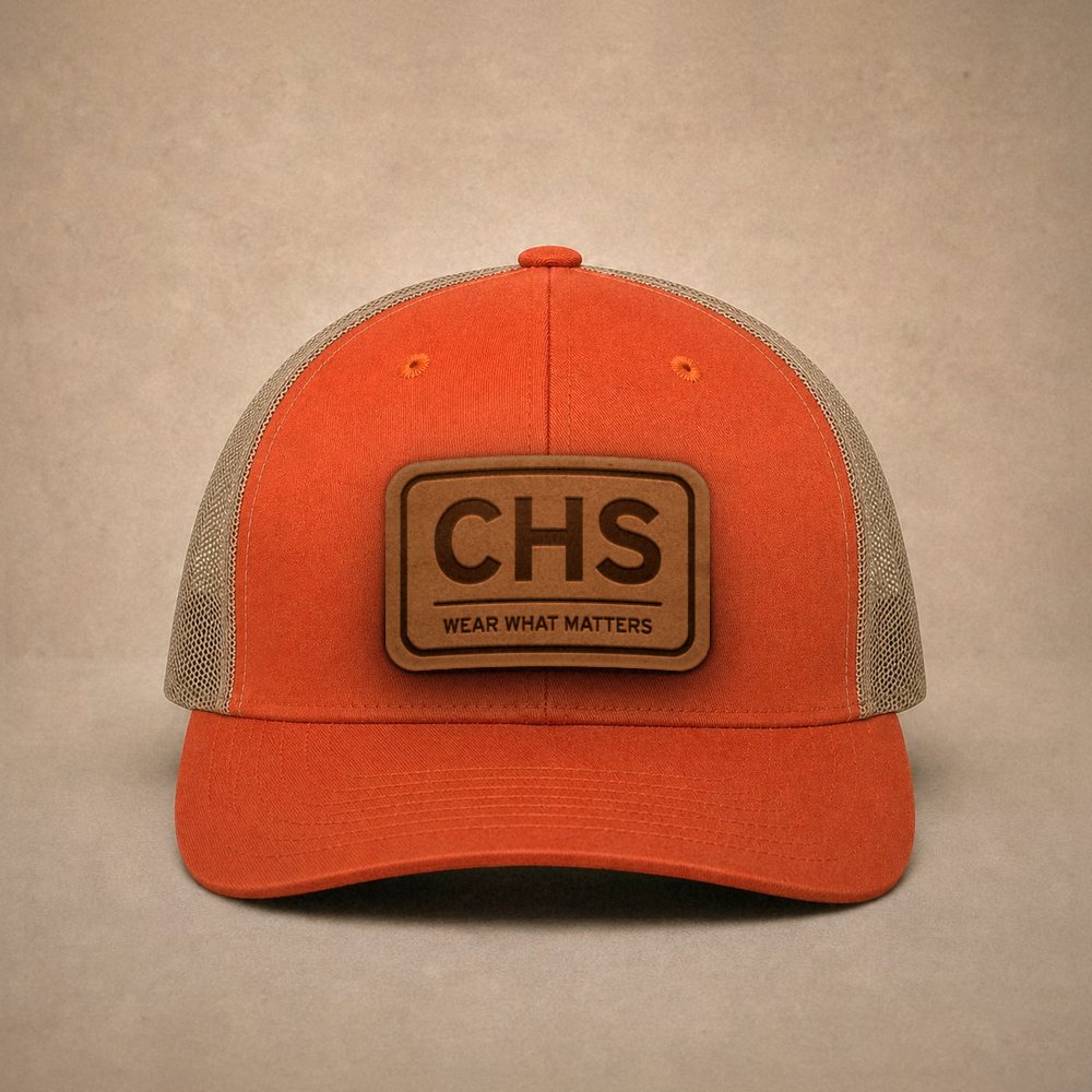 Orange Charleston hats — Charleston CHS Leather Patch Trucker Hat