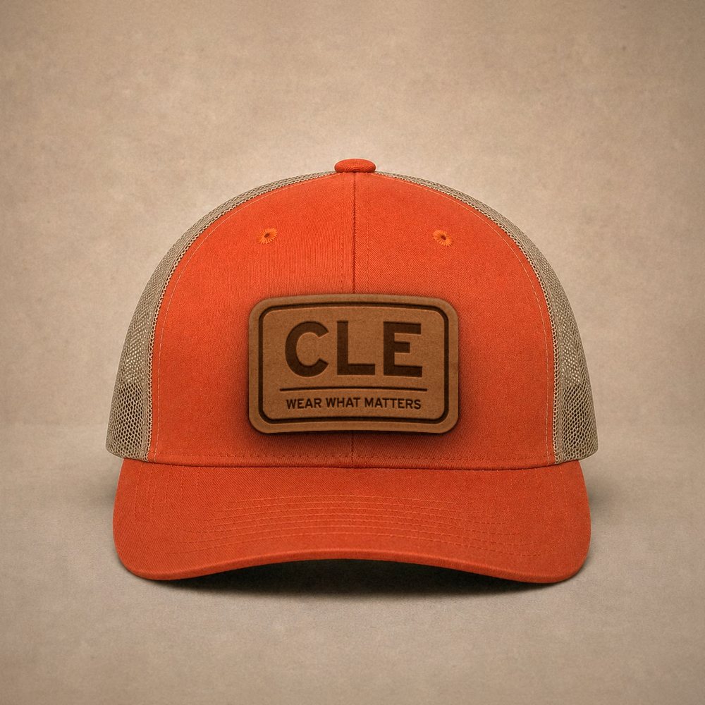 Orange Cleveland hats — Cleveland CLE Leather Patch Trucker Hat