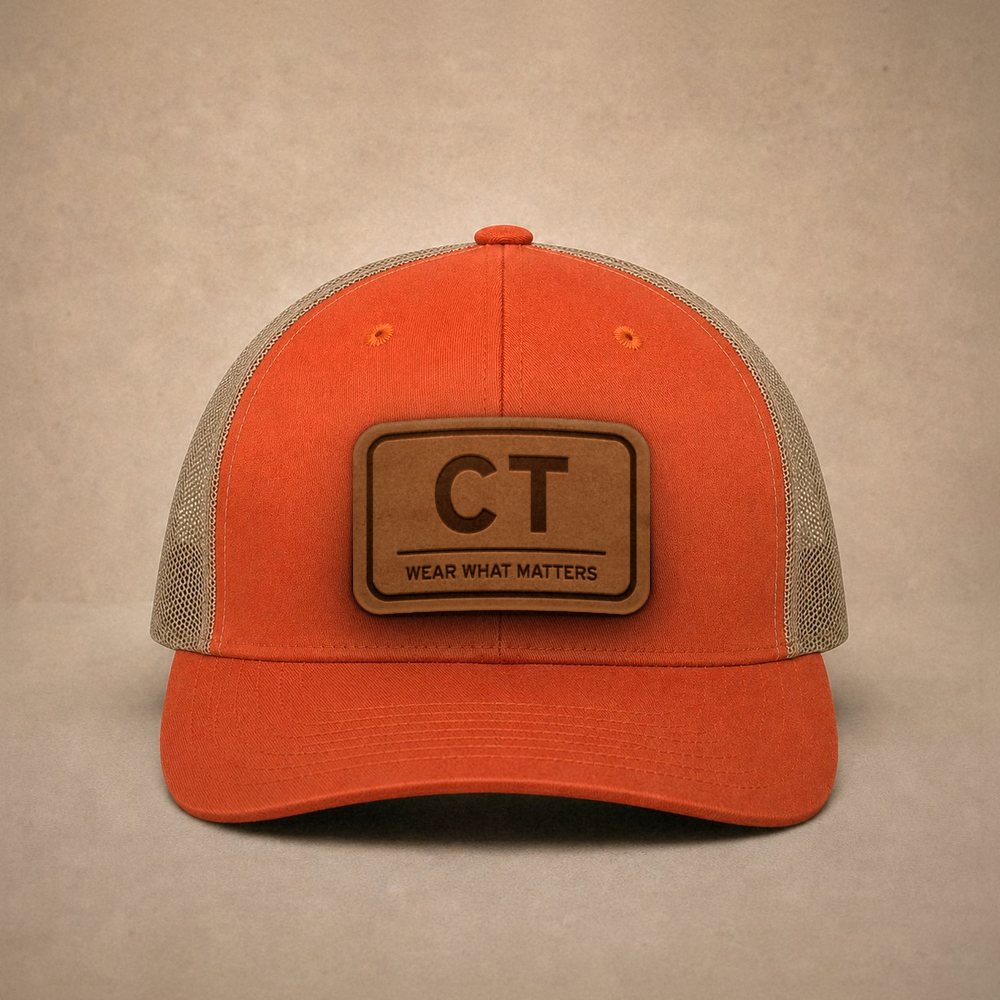 Orange Connecticut hats — Connecticut CT Leather Patch Trucker Hat