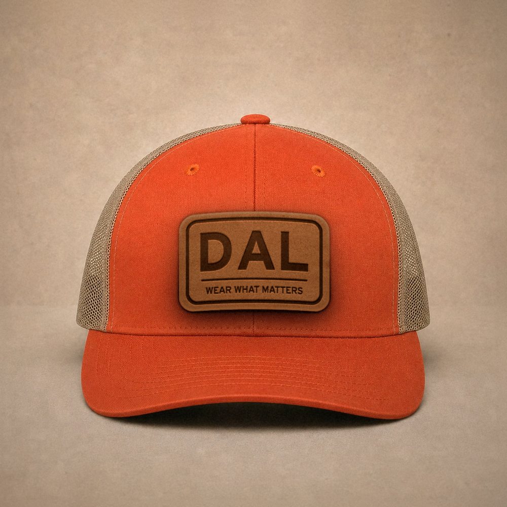 Orange Dallas hats — Dallas DAL Leather Patch Trucker Hat