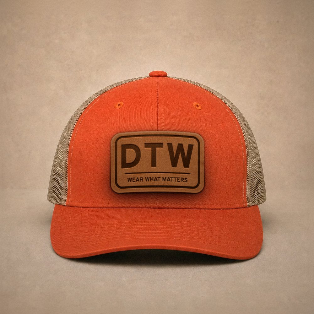 Orange Detroit hats — Detroit DTW Leather Patch Trucker Hat
