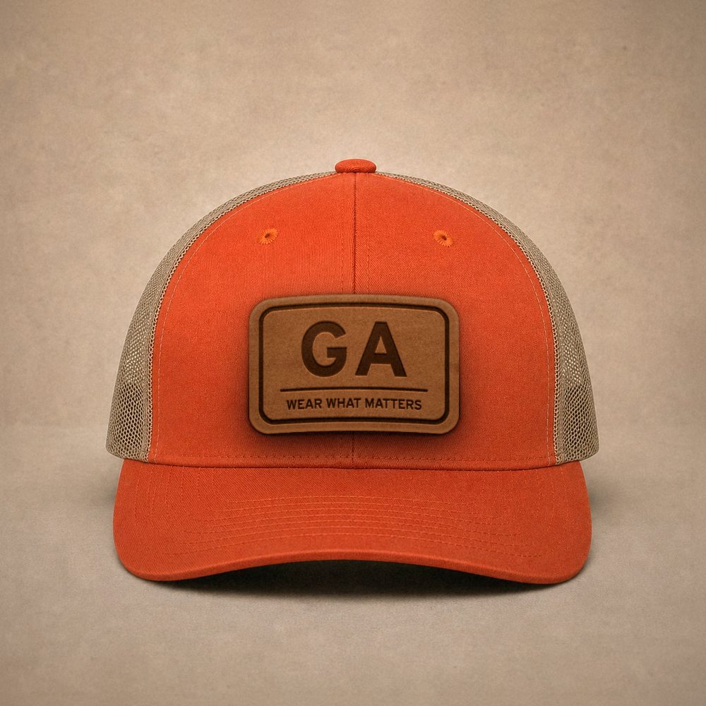 Orange Georgia hats — Georgia GA Leather Patch Trucker Hat