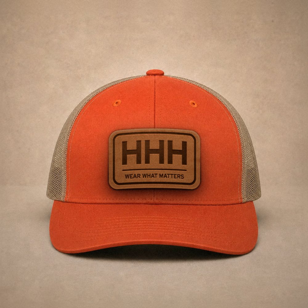 Orange Hilton Head hats — Hilton Head HHH Leather Patch Trucker Hat