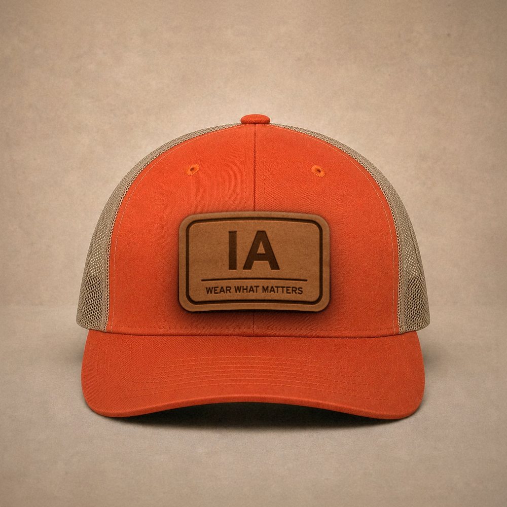 Orange Iowa hats — Iowa IA Leather Patch Trucker Hat