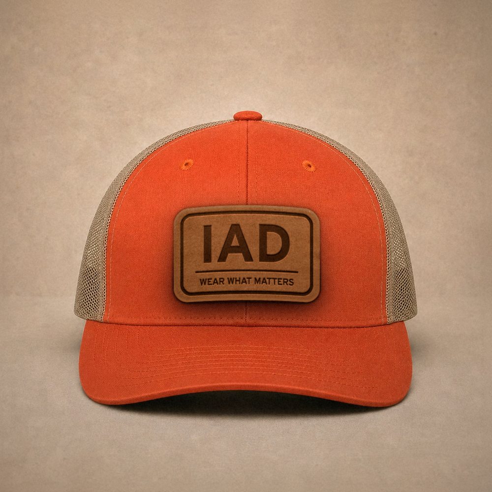 Orange Washington DC hats — Washington DC IAD Leather Patch Trucker Hat