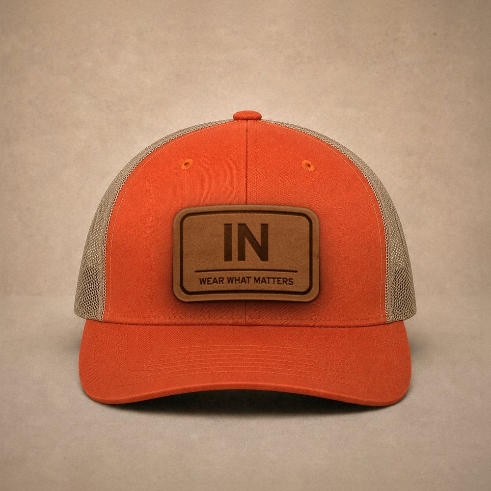 Orange Indiana hats — Indiana IN Leather Patch Trucker Hat