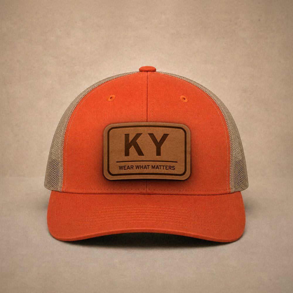 Orange Kentucky hats — Kentucky KY Leather Patch Trucker Hat