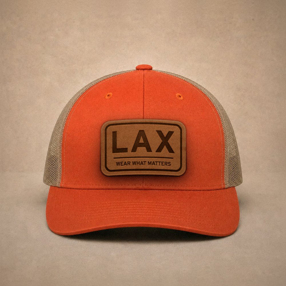 Orange Los Angeles hats — Los Angeles LAX Leather Patch Trucker Hat