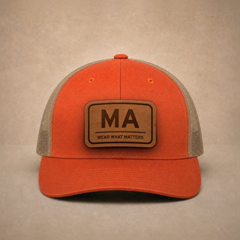 Orange Massachusetts hats — Massachusetts MA Leather Patch Trucker Hat