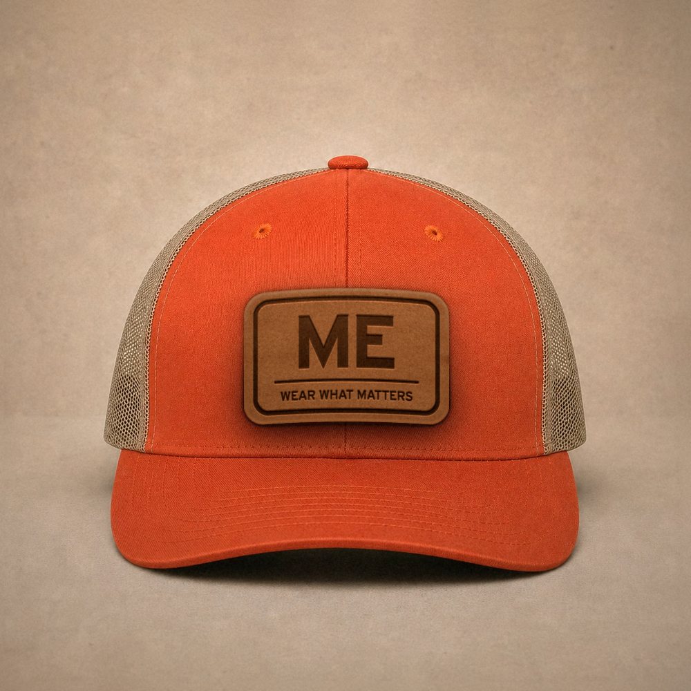 Orange Maine hats — Maine ME Leather Patch Trucker Hat