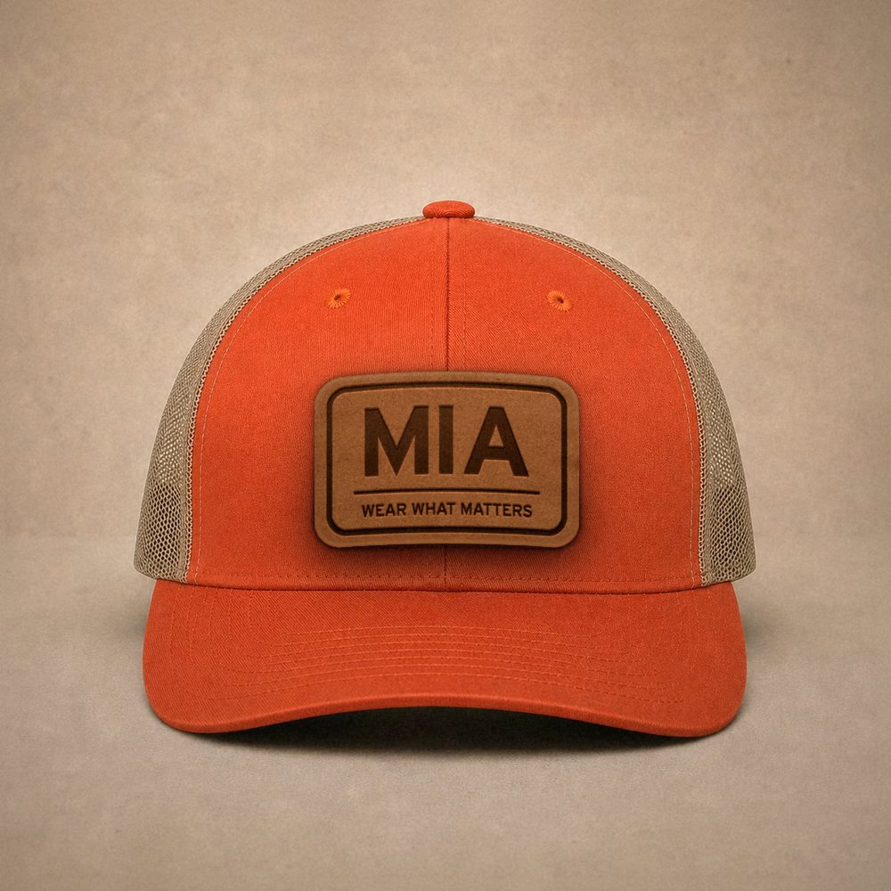 Orange Miami hats — Miami MIA Leather Patch Trucker Hat