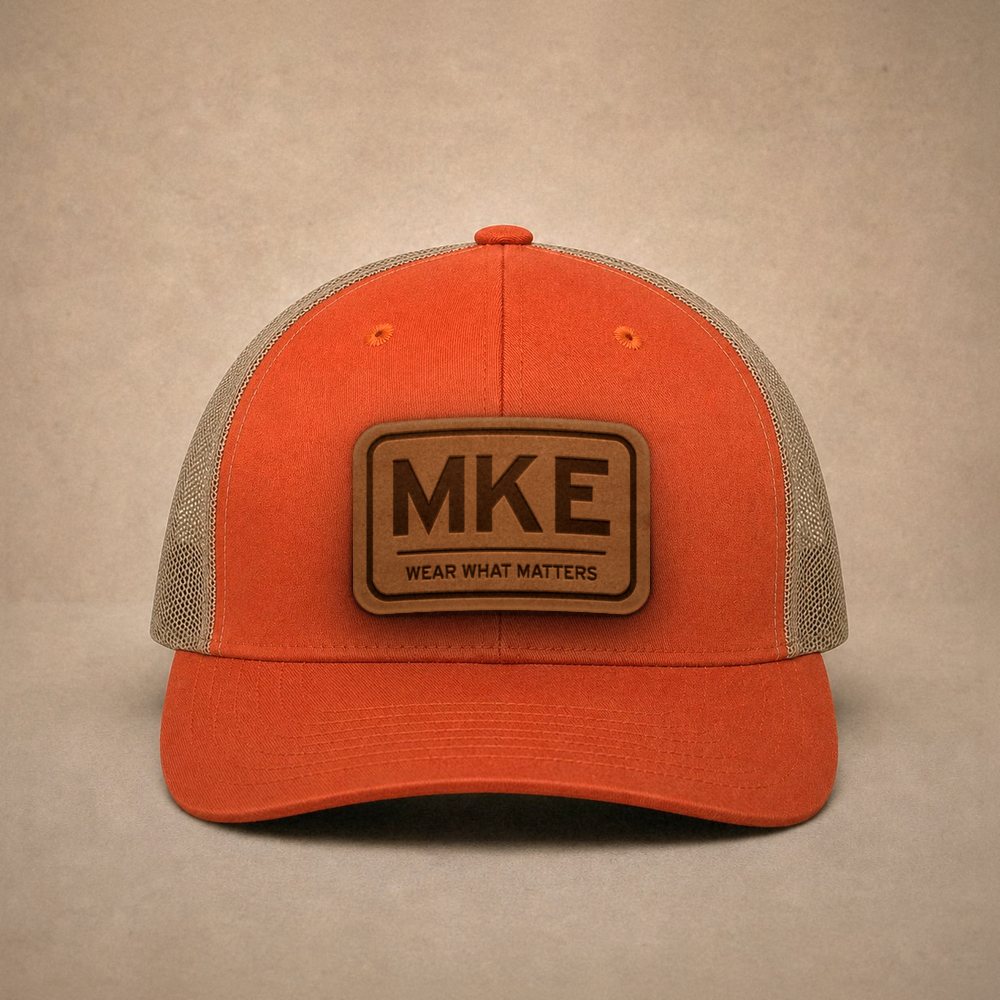 Orange Milwaukee hats — Milwaukee MKE Leather Patch Trucker Hat