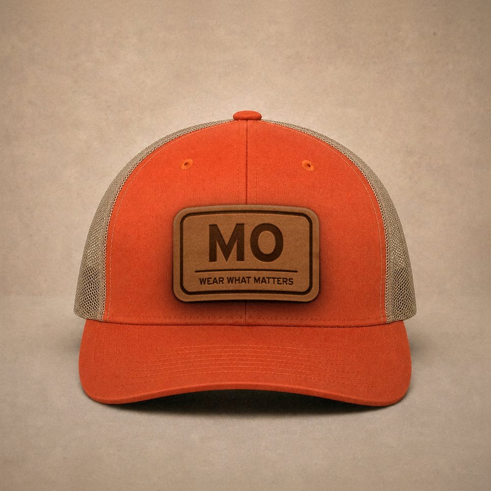 Orange Missouri hats — Missouri MO Leather Patch Trucker Hat