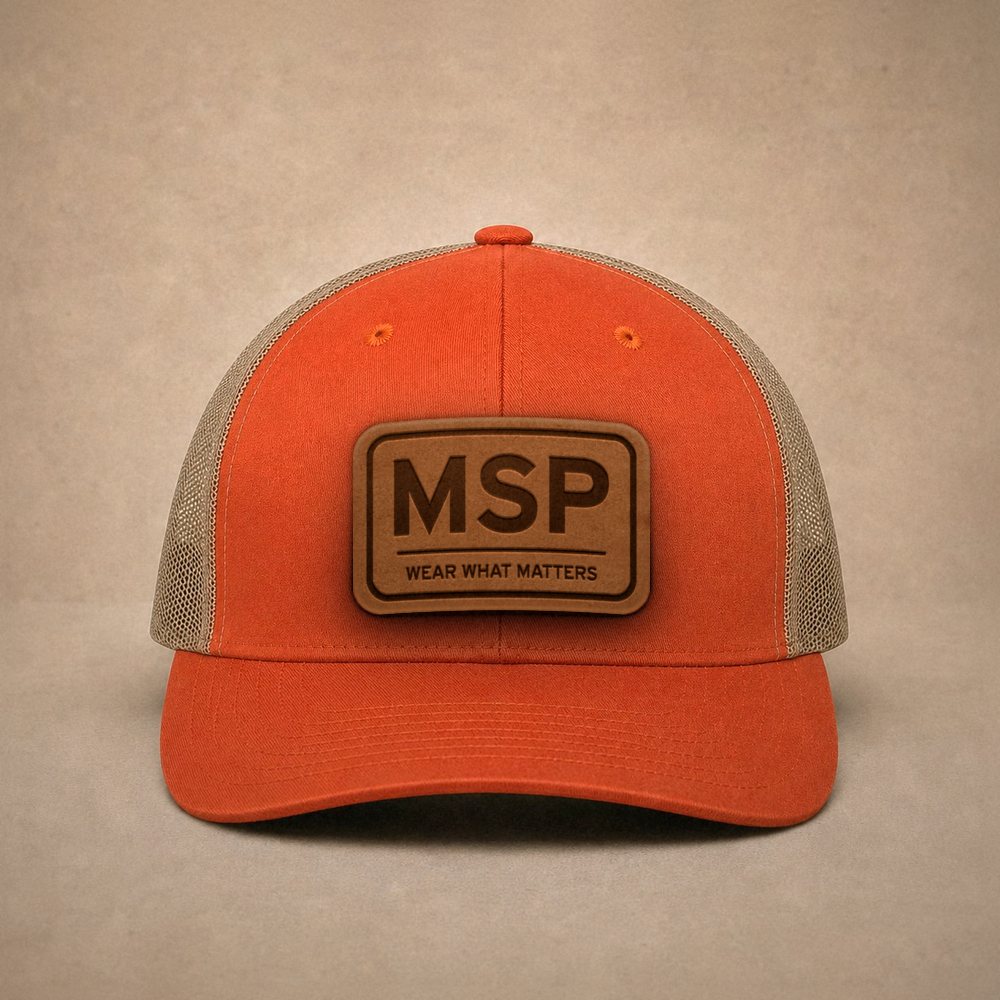 Orange Minneapolis hats — Minneapolis MSP Leather Patch Trucker Hat
