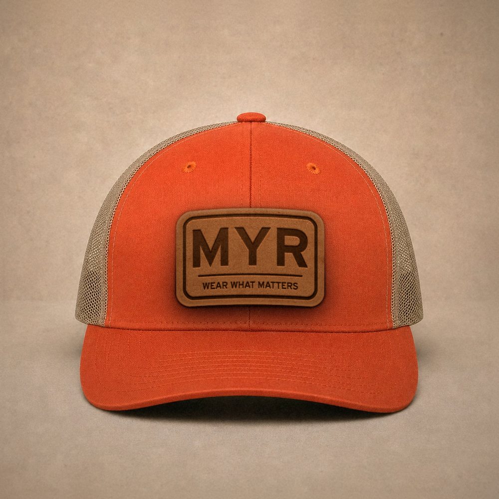 Orange Myrtle Beach hats — Myrtle Beach MYR Leather Patch Trucker Hat