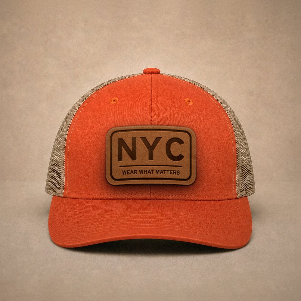 Orange New York City hats — New York City NYC Leather Patch Trucker Hat