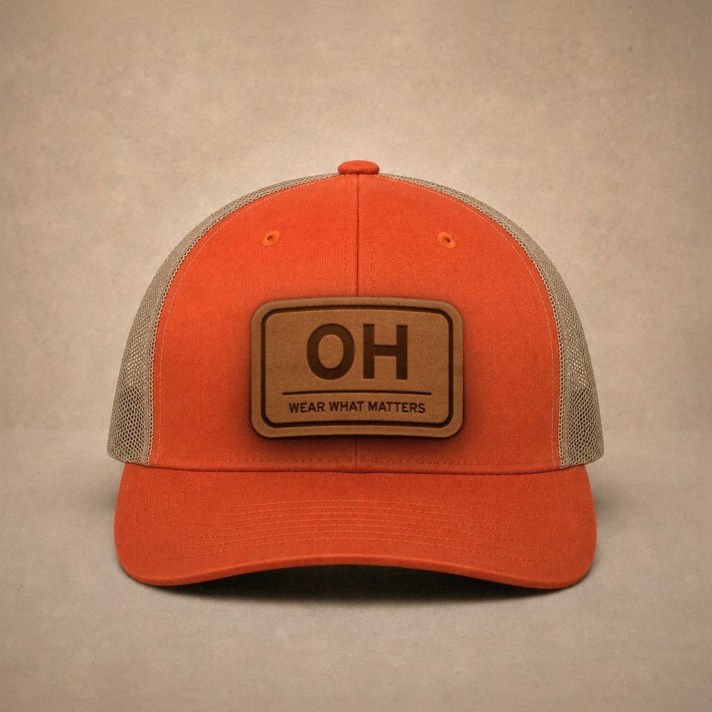 Orange Ohio hats — Ohio OH Leather Patch Trucker Hat