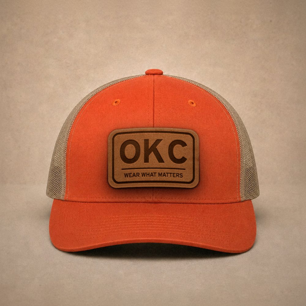 Orange Oklahoma City hats — Oklahoma City OKC Leather Patch Trucker Hat