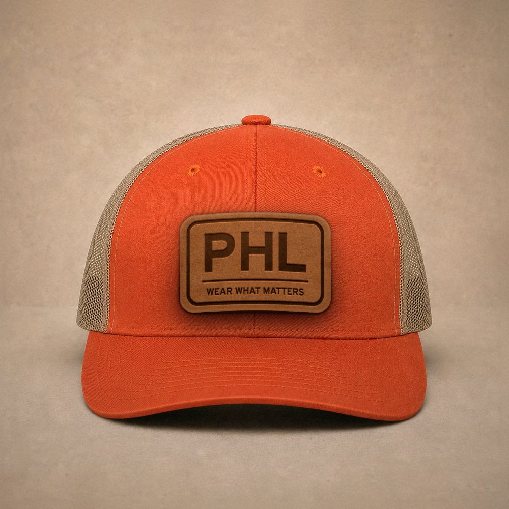 Orange Philadelphia hats — Philadelphia PHL Leather Patch Trucker Hat