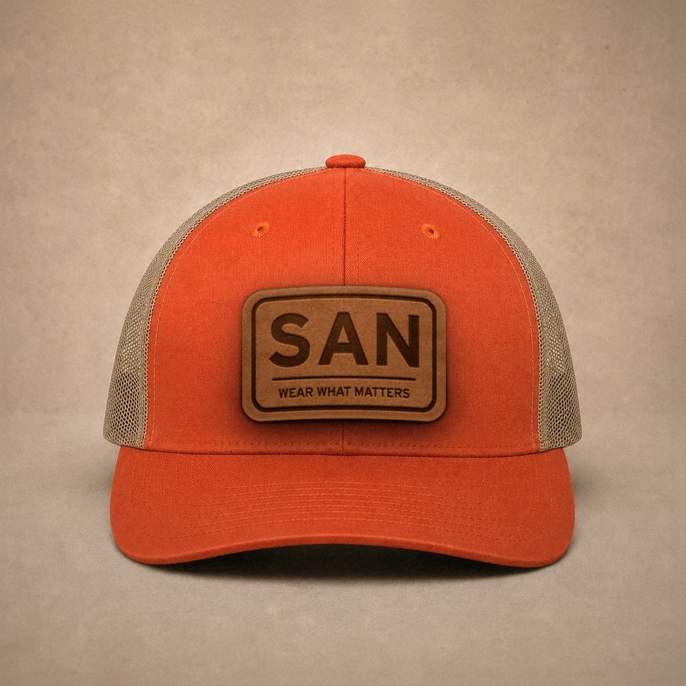 Orange San Diego hats — San Diego SAN Leather Patch Trucker Hat