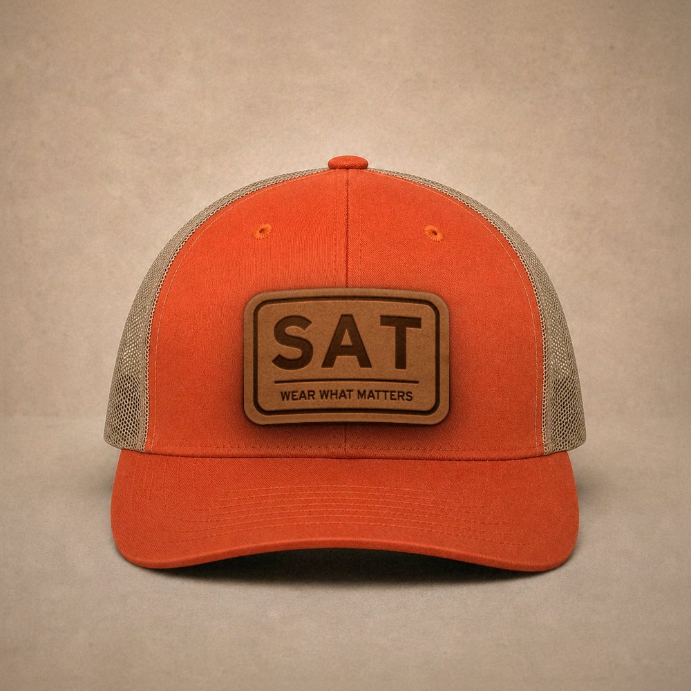 Orange San Antonio hats — San Antonio SAT Leather Patch Trucker Hat