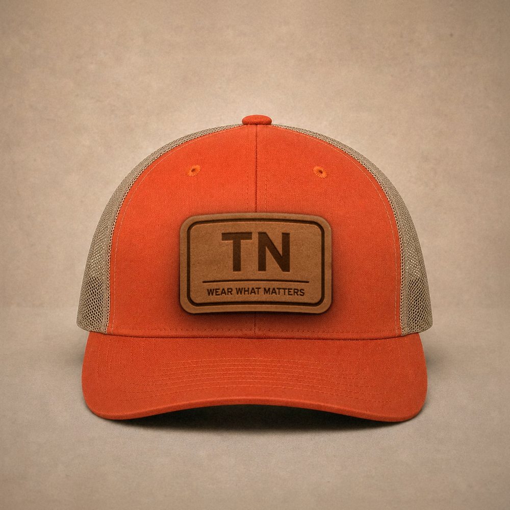 Orange Tennessee hats — Tennessee TN Leather Patch Trucker Hat