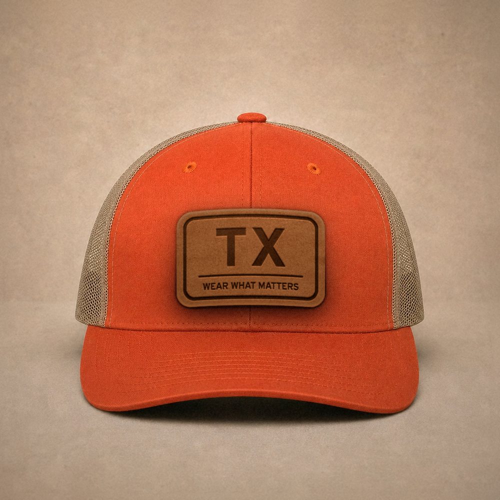 Orange Texas hats — Texas TX Leather Patch Trucker Hat