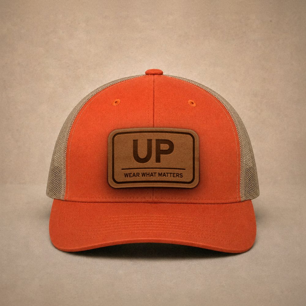 Orange Upper Peninsula hats — Upper Peninsula UP Leather Patch Trucker Hat