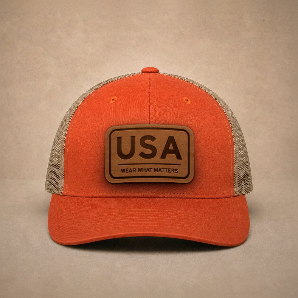 Orange USA hats — USA Leather Patch Trucker Hat