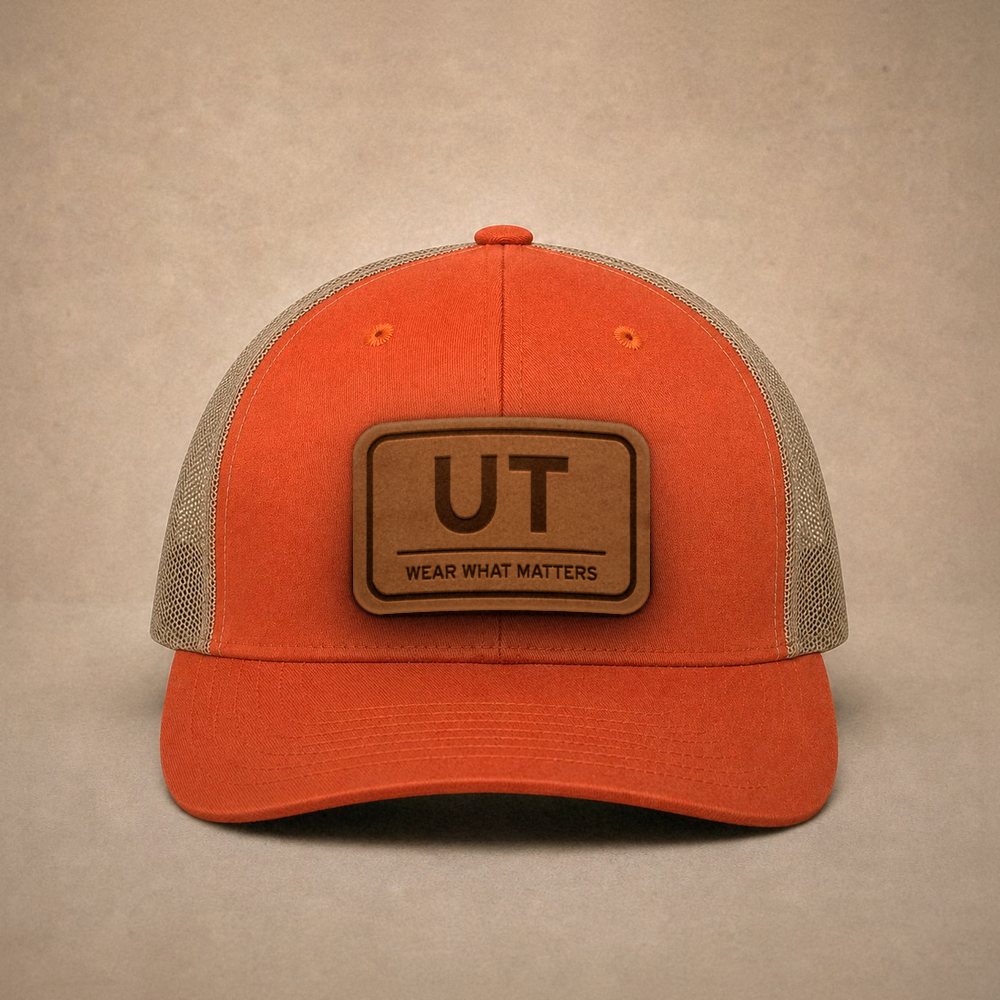 Orange Utah hats — Utah UT Leather Patch Trucker Hat